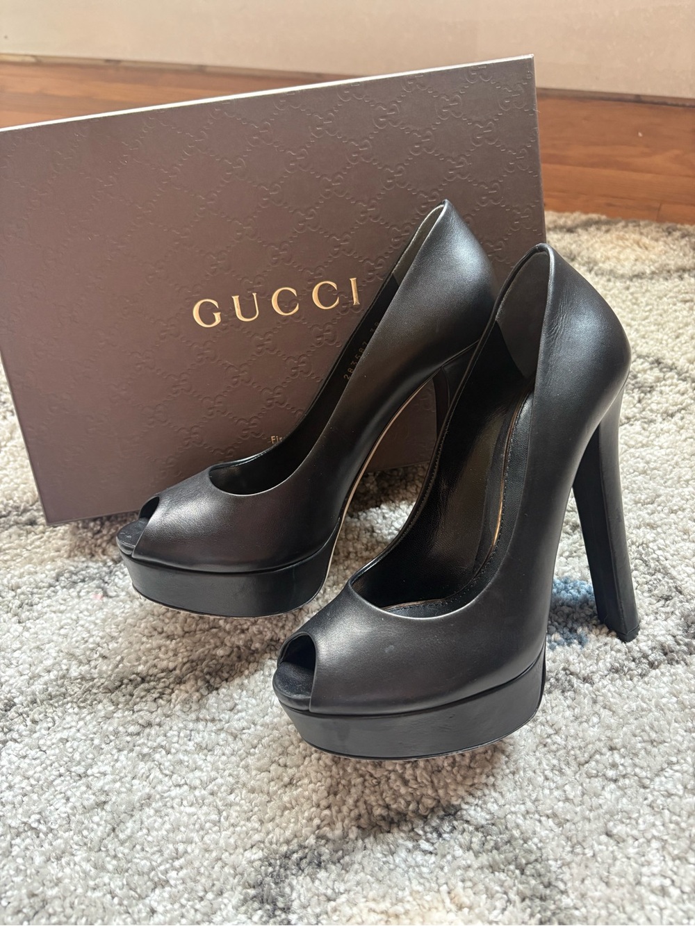 Gucci Black Leather Peep-Toe Platform Heels